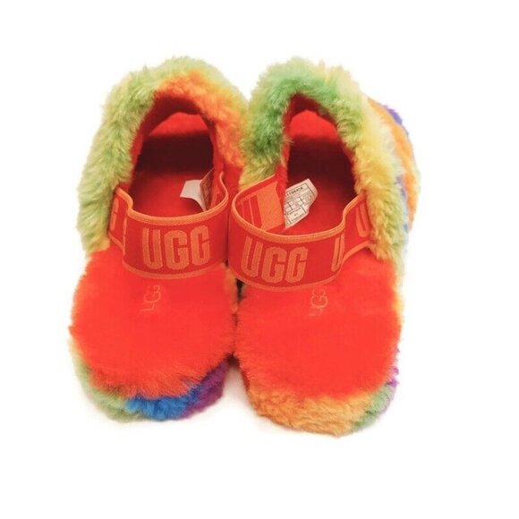 UGG Fluff Yeah Slide Cali Collage Backstrap Slippers Big Kids 4 Rainbow Stripes - Picture 7 of 8